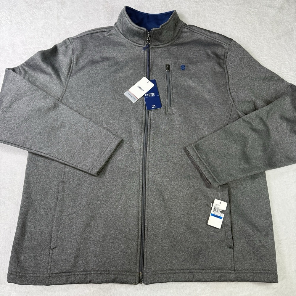 IZOD Sweater Jacket Mens XL Gray Advantage Performance Stretch Full Zip Fleece